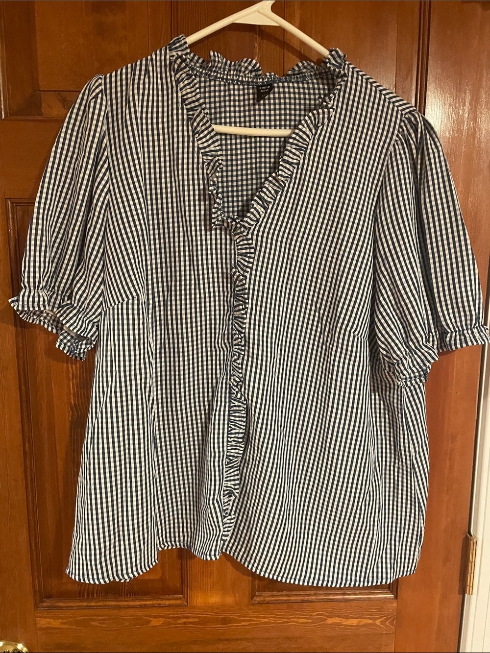 SHEIN Navy and White Gingham Ruffle V-Neck Blouse